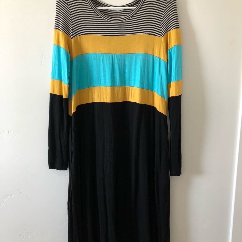 Calf length yellow blue and black dress